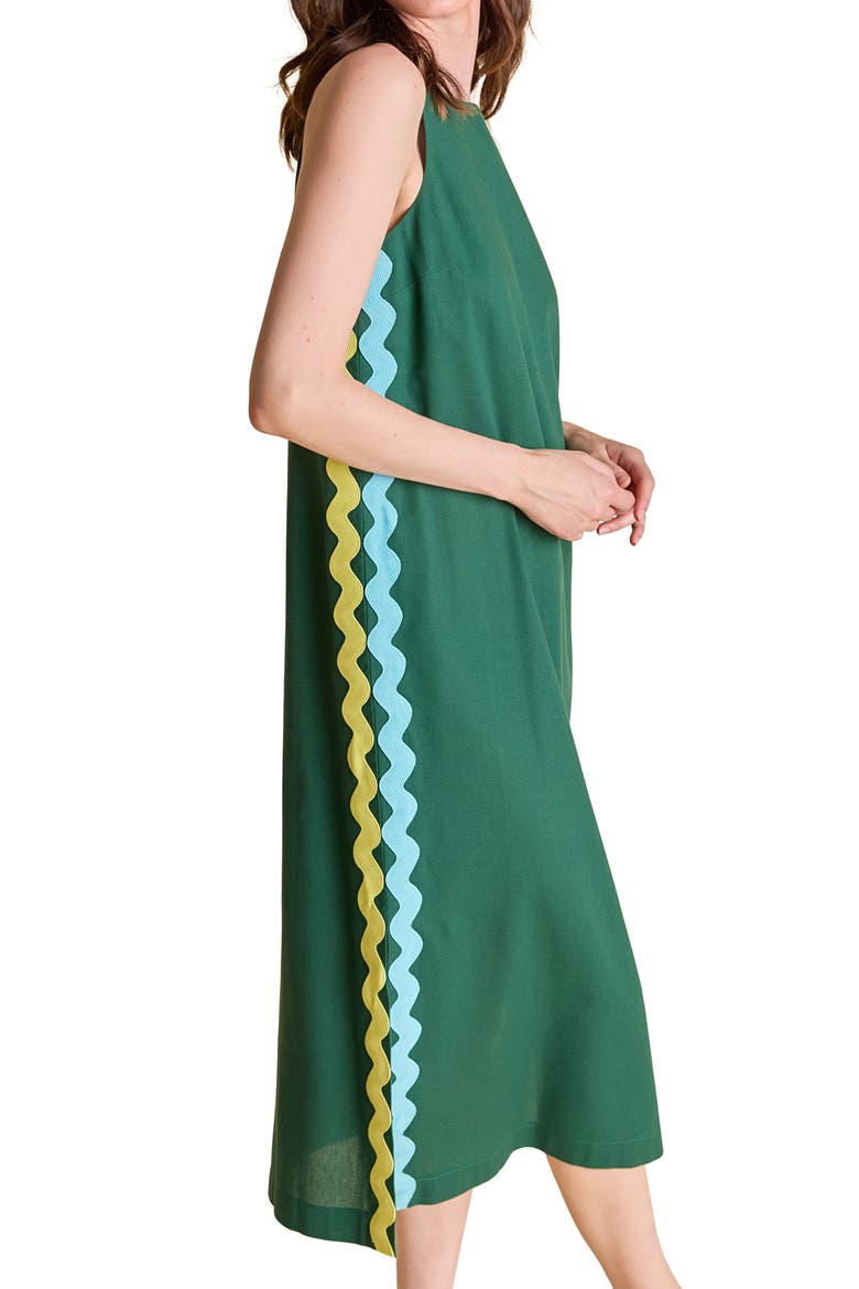 Rickrack Trim Sleeveless Midi Dress, Alternate, color, DARK GREEN