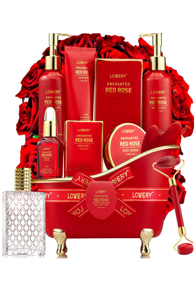 Luxe 11Pc Bath and Body Set with Perfume, Jade Roller, Gua Sha & More, Main, color, Red Rose / Gold