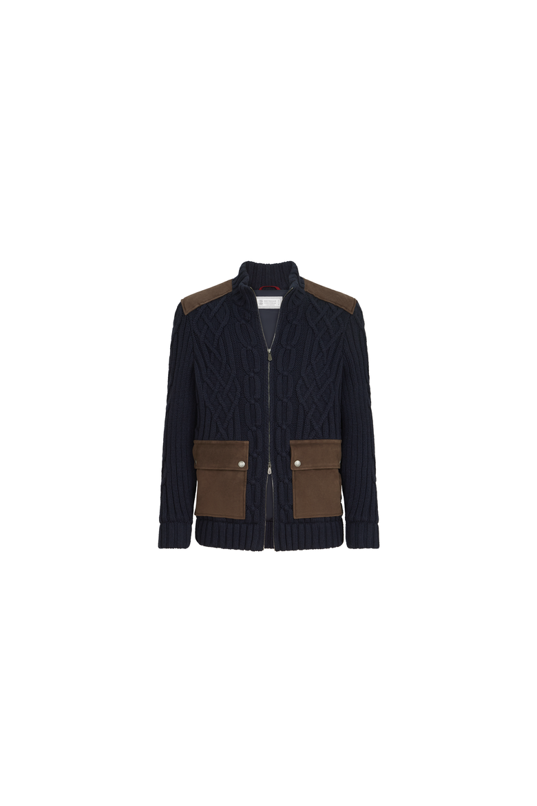 Cable knit cardigan in cashmere Feather yarn with suede inserts and zipper, Alternate, color, Navy Blue