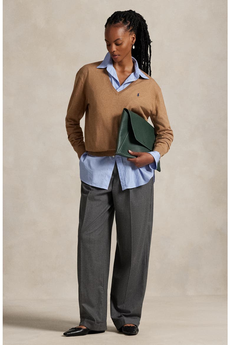 Relaxed Cotton V-Neck Sweater, Alternate, color, COLLECTION CAMEL MELANGE
