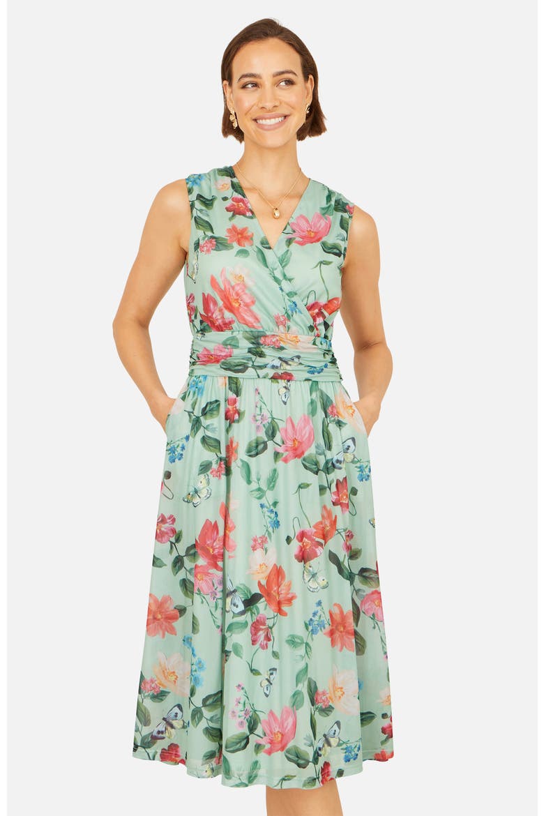 Floral Print Mesh Stretch Midi Dress, Alternate, color, Mint Green
