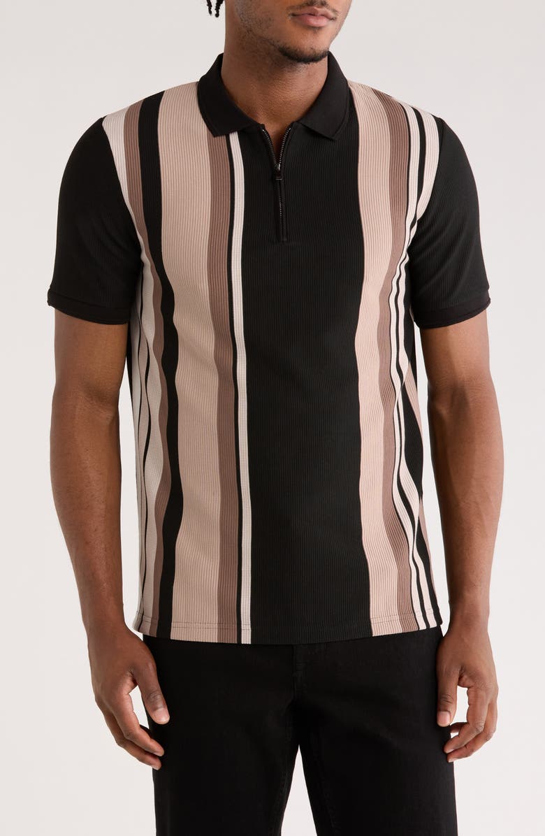 Cactus Man Vertical Stripe Knit Zip Polo, Main, color, Black W/ Cream White Stripes