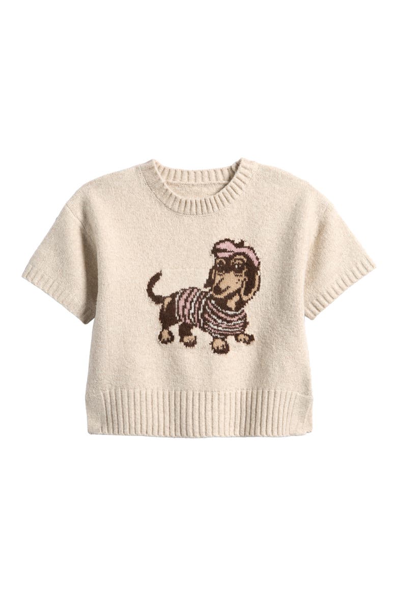 Kids' Beret Dog Short Sleeve Sweater, Main, color, OATMEAL BERET DOG