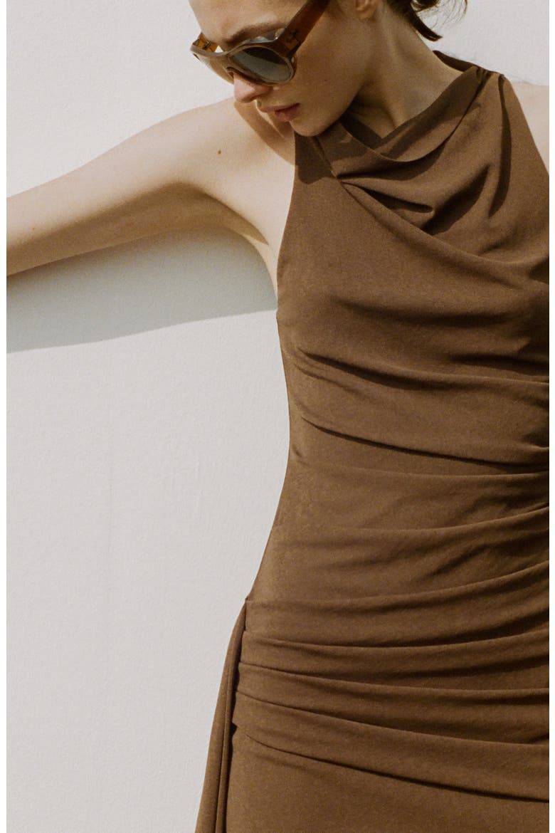 Drape Neck Ruched Minidress, Alternate, color, BROWN