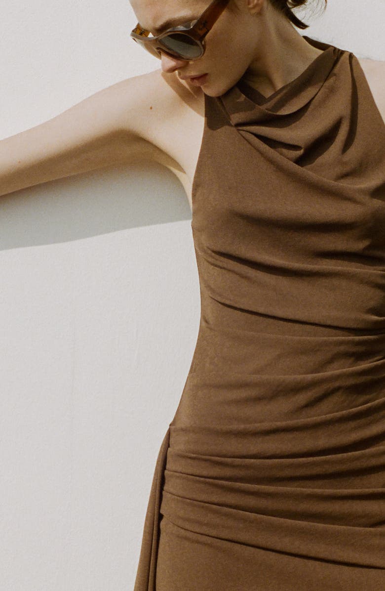 MANGO Drape Neck Ruched Minidress, Alternate, color, Brown