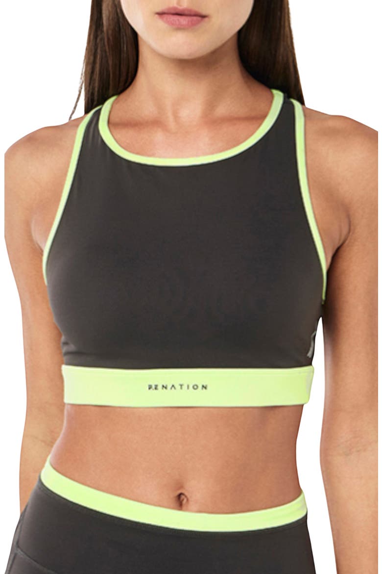 Rapid High Neck Sports Bra, Main, color, CAVIAR/ WASHED LIME