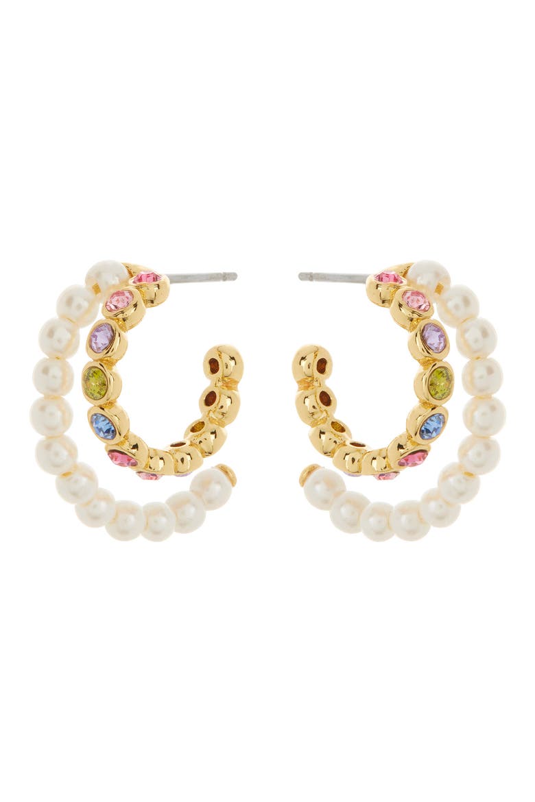 imitation pearl & colorful crystal double row hoop earrings, Main, color, CREAM/MULTI