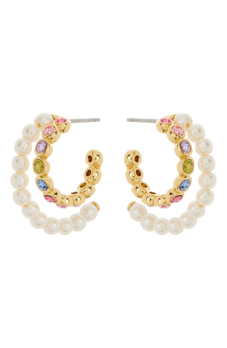 Kate Spade New York imitation pearl & colorful crystal double row hoop earrings, Main, color, Cream Multi
