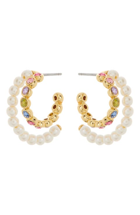 imitation pearl & colorful crystal double row hoop earrings