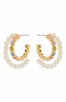 Kate Spade New York imitation pearl & colorful crystal double row hoop earrings