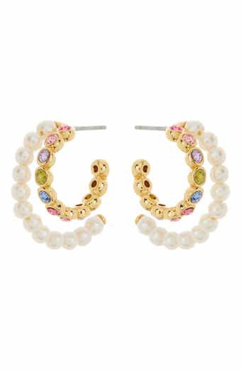 Kate Spade New York imitation pearl & colorful crystal double row hoop earrings