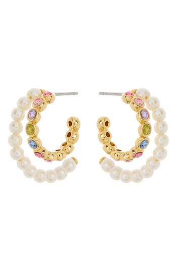 Kate Spade New York Imitation Pearl & Colorful Crystal Double Row Hoop Earrings In Multi