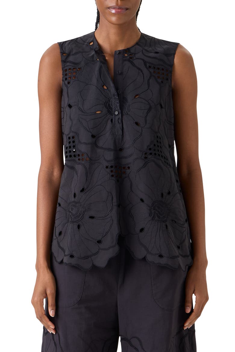 Flower Eyelet Sleeveless Cotton Poplin Top, Main, color, BLACK