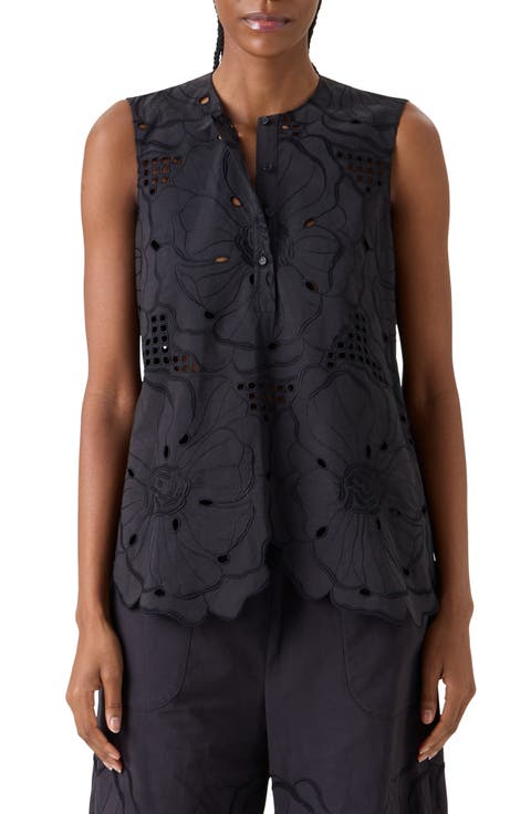Flower Eyelet Sleeveless Cotton Poplin Top