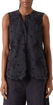 Akris punto Flower Eyelet Sleeveless Cotton Poplin Top