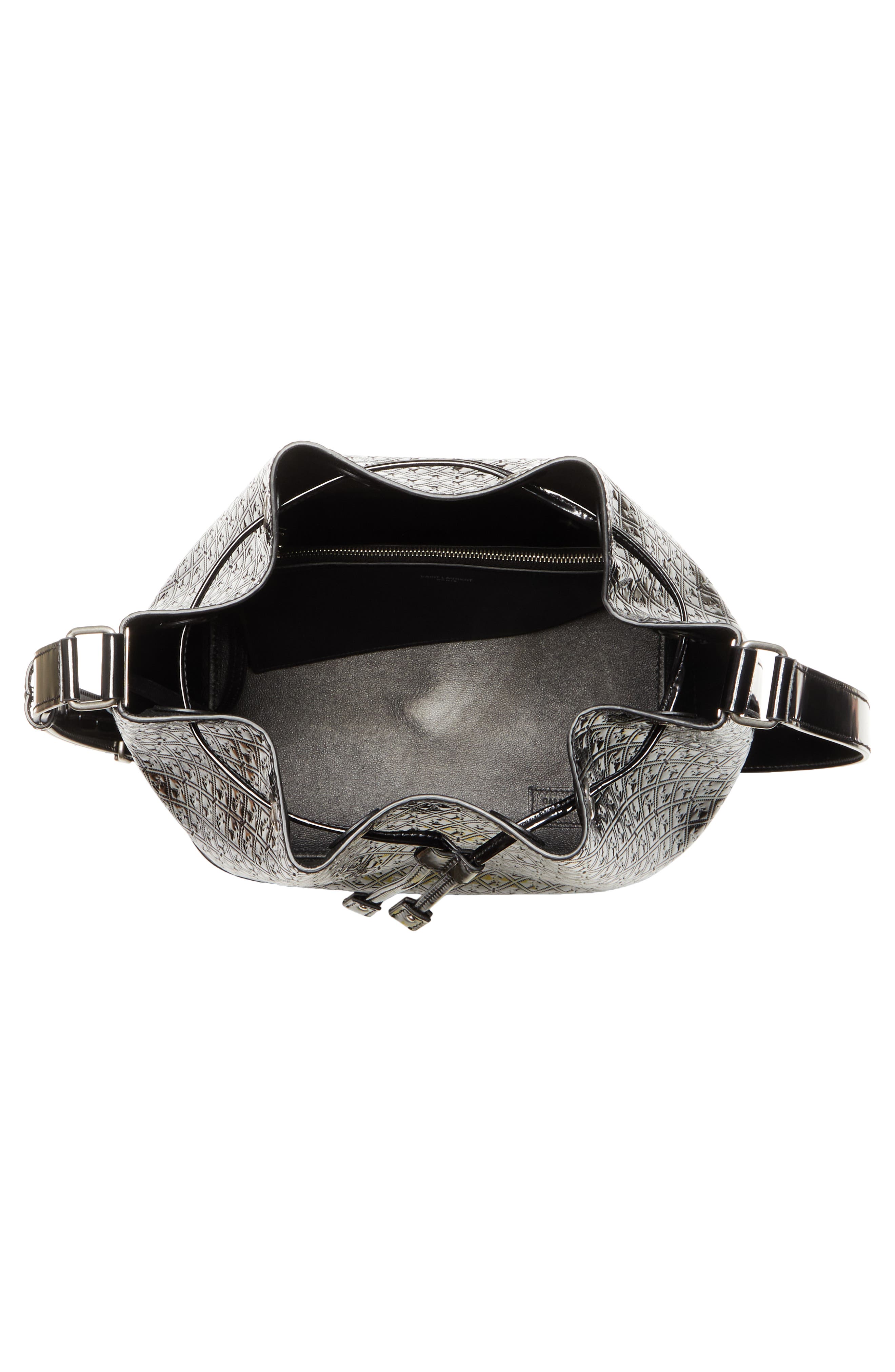 Saint Laurent Le Monogramme Logo Embossed Patent Leather Bucket Bag, Alternate, color, Noir