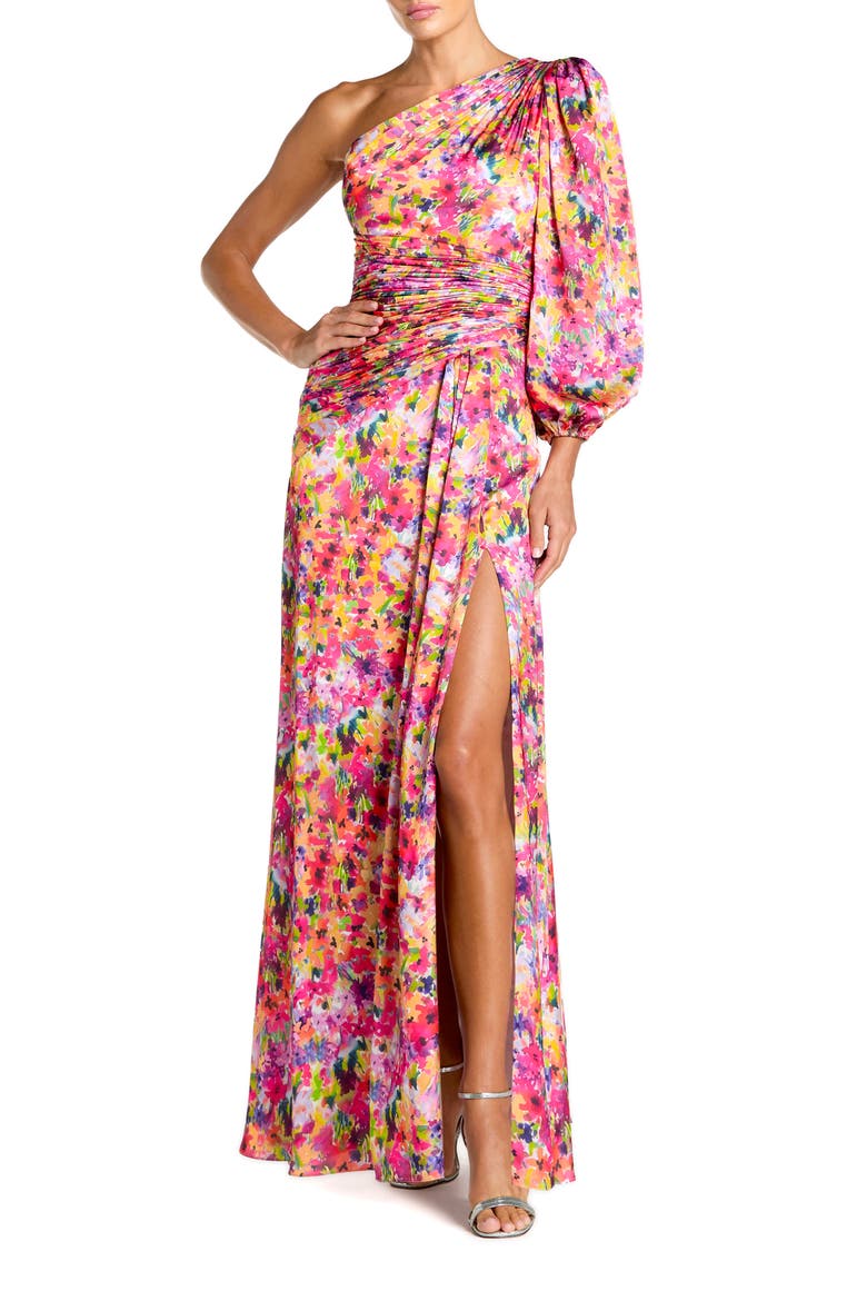 Floral One-Sleeve Charmeuse Gown with Slit, Main, color, Multi