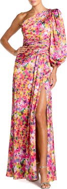 Mac Duggal Floral One-Sleeve Charmeuse Gown with Slit