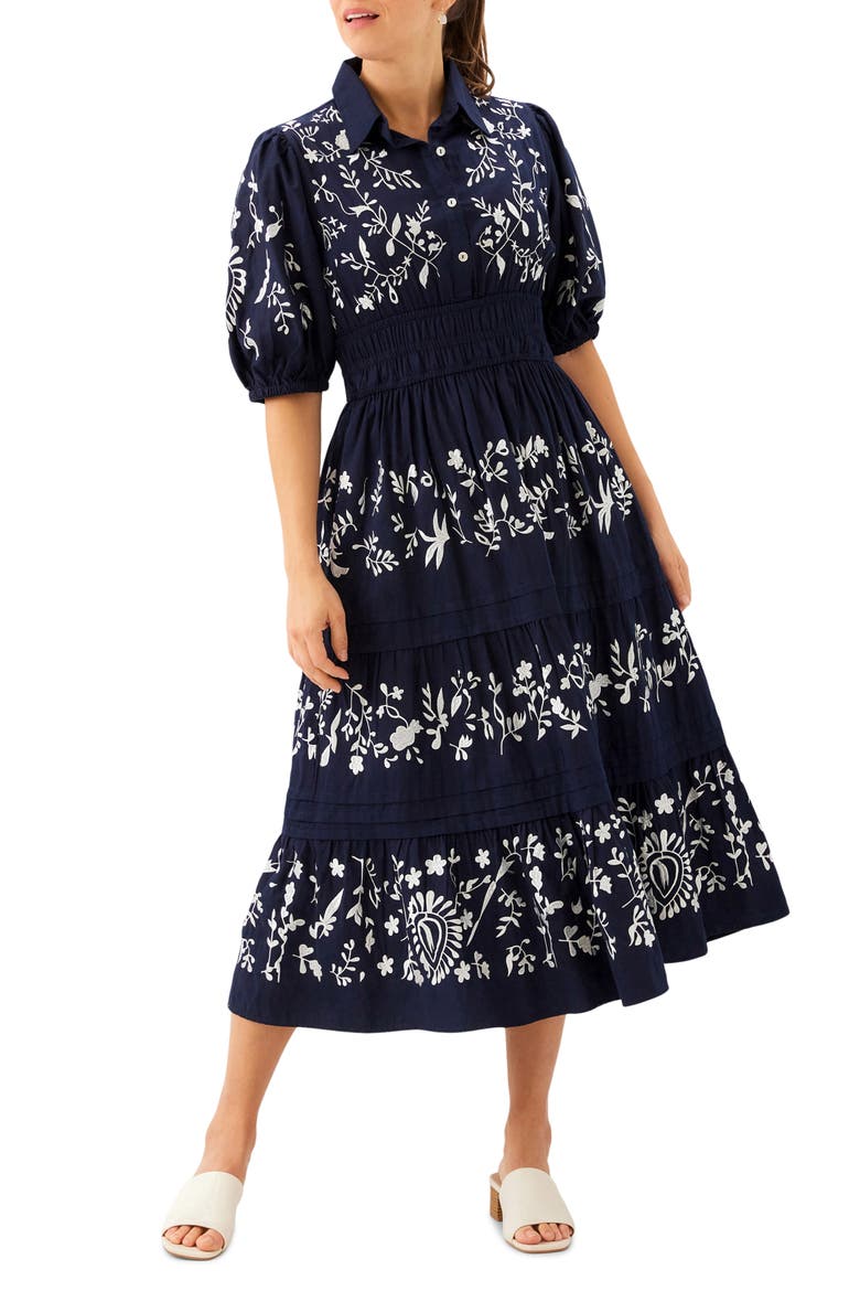 Embroidered Puff Sleeve Tiered Midi Dress, Main, color, NAVY