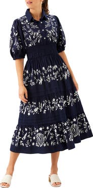 Karen Kane Embroidered Puff Sleeve Tiered Midi Dress