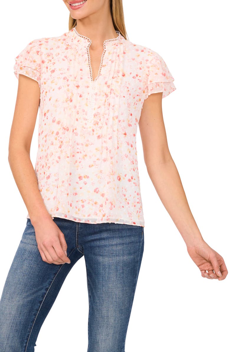 CeCe Floral Pintuck Ruffle Short Sleeve Top, Main, color, 