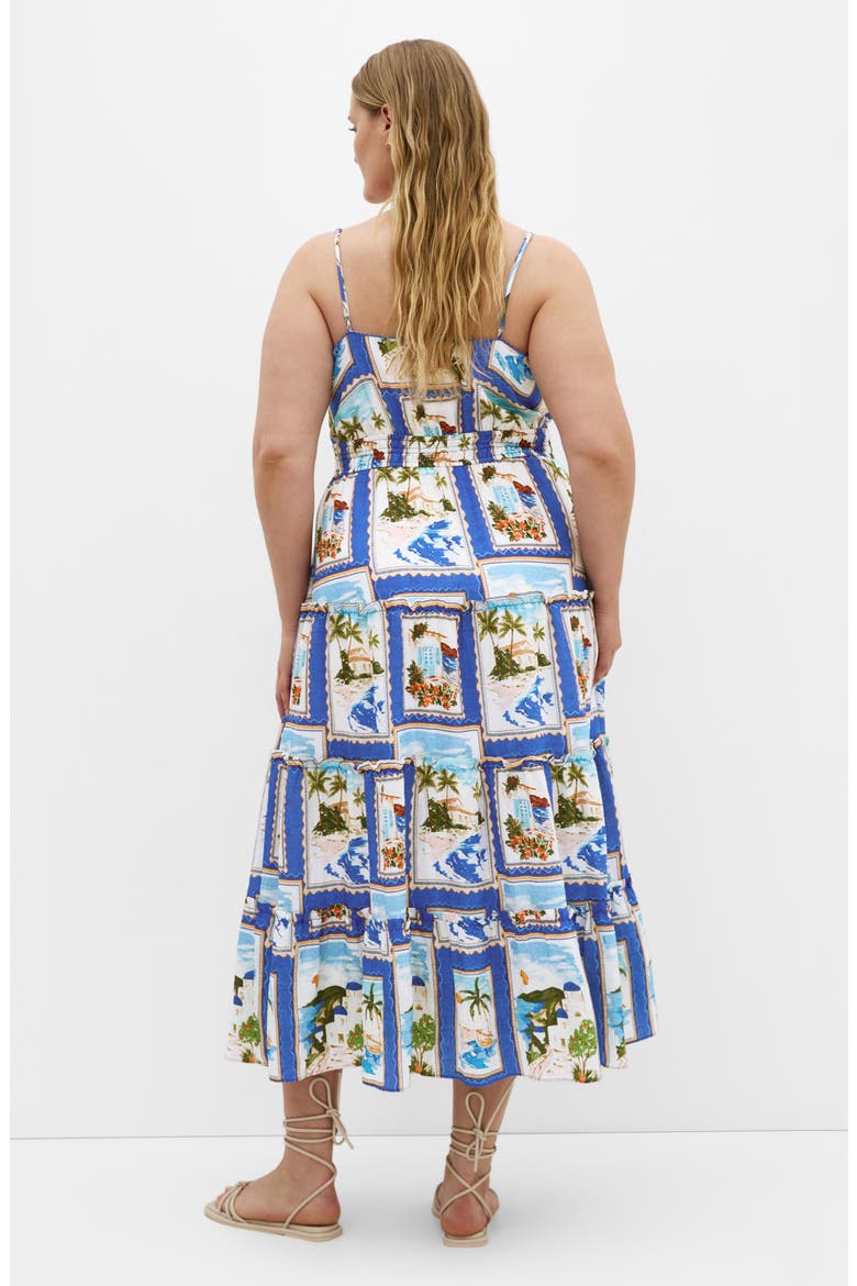 Aiza Postcard Print Tiered Tie Front Maxi Sundress, Alternate, color, BLUE POSTCARD