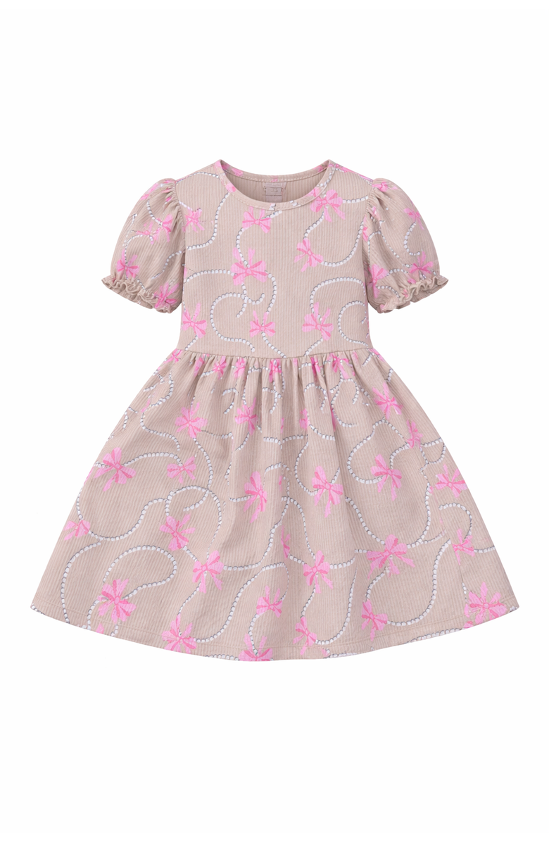 Mia Belle Girls Bow Charm Puff Sleeve Dress, Main, color, Beige