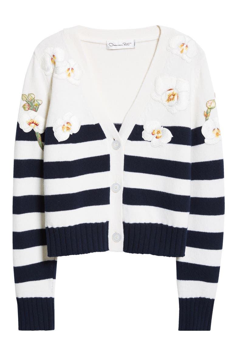 Embroidered Orchid Stripe Wool Cardigan, Alternate, color, NAVY/ IVORY