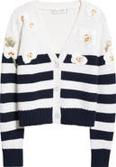 Oscar de la Renta Embroidered Orchid Stripe Wool Cardigan