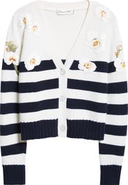 Oscar de la Renta Embroidered Orchid Stripe Wool Cardigan