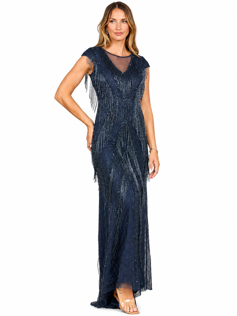 Beaded Fringe V-Neckline Dress with Cap Sleeves