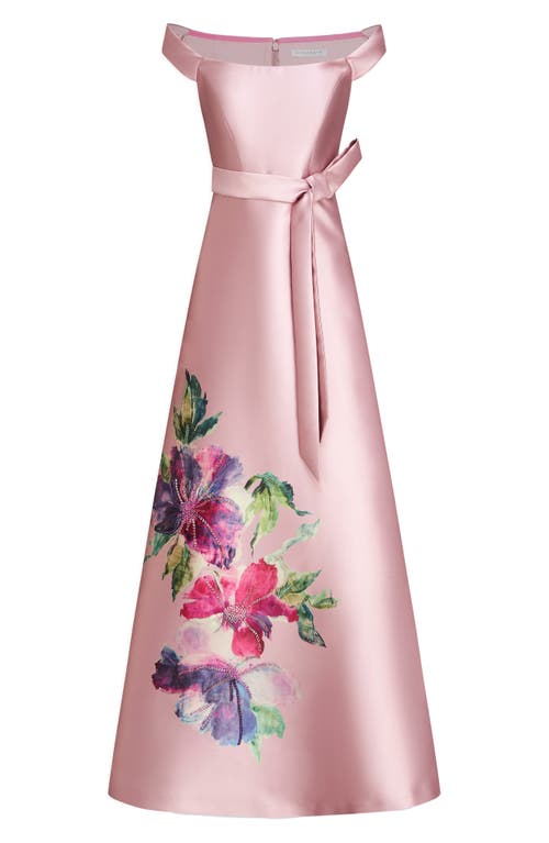 Kay Unger Kitri Placed Floral Off The Shoulder A-line Gown In Woodrose Multi