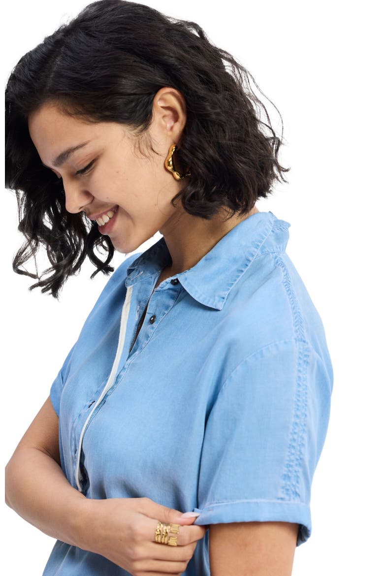 Drawstring Denim Shirt Dress with Front Buttons in Blue, Alternate, color, Ocean Blue