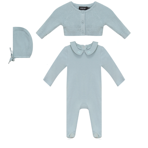 3 Piece Romper, Cardigan and Bonnet Set