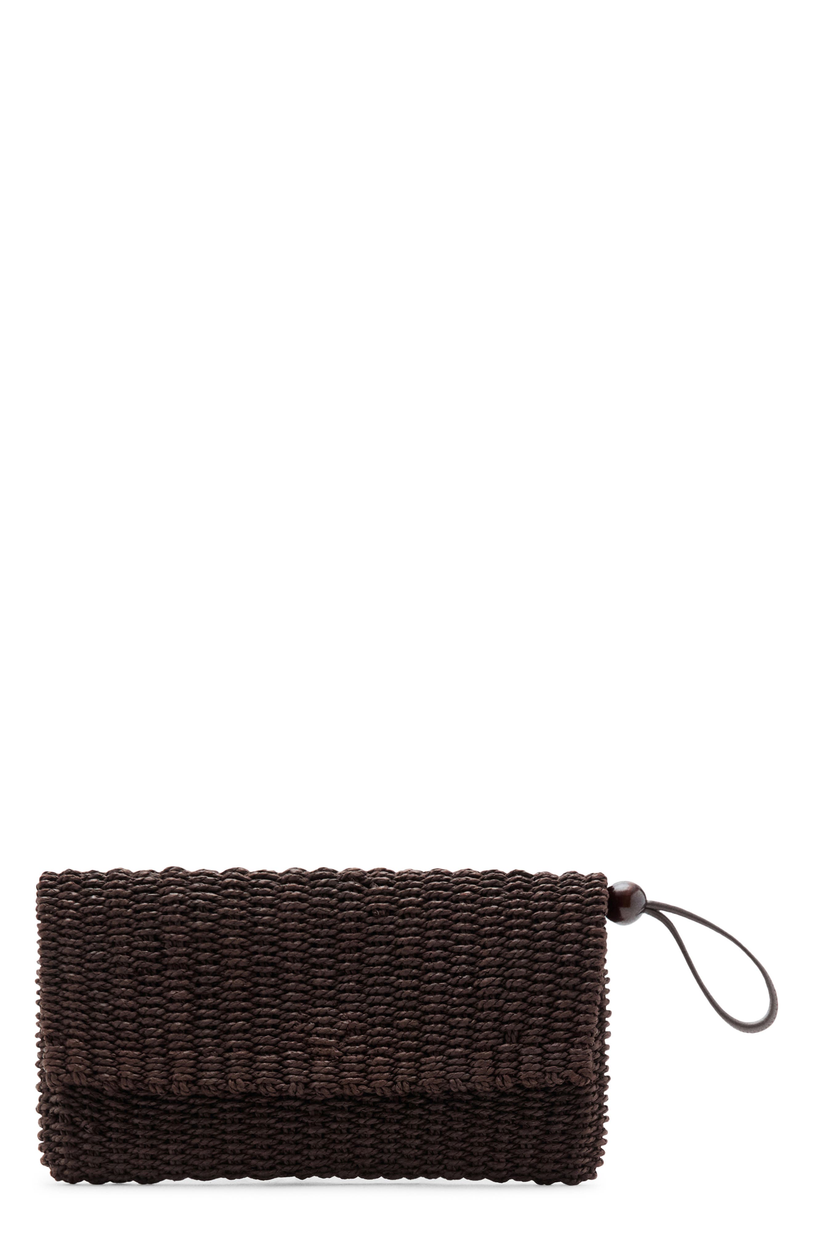 MANGO Woven Raffia Pouch, Main, color, Chocolate