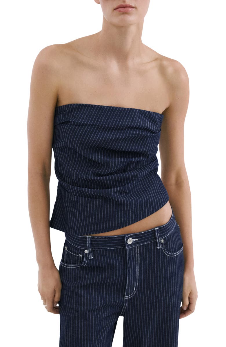 MANGO Isola Pinstripe Denim Strapless Top, Main, color, Indigo Blue