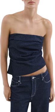 MANGO Isola Pinstripe Denim Strapless Top