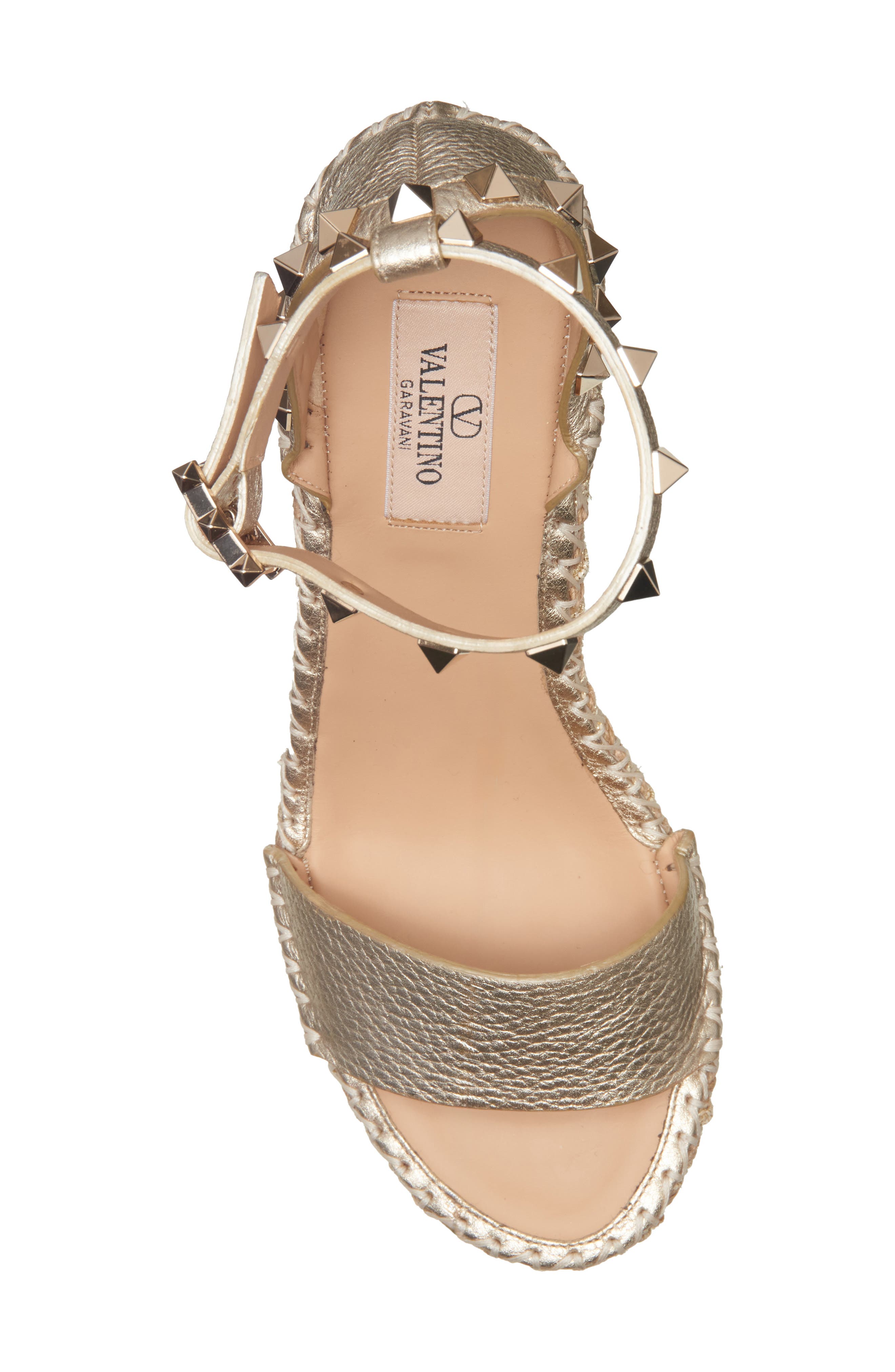 Valentino Garavani Rockstud Metallic Espadrille Wedge Sandal, Alternate, color, Platinum