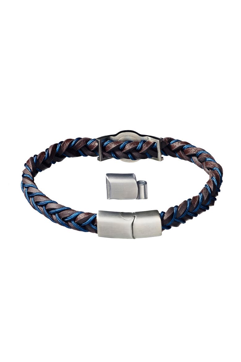 Braided Two-color Leather Bracelet with Stainless Steel Detail, Alternate, color, Black