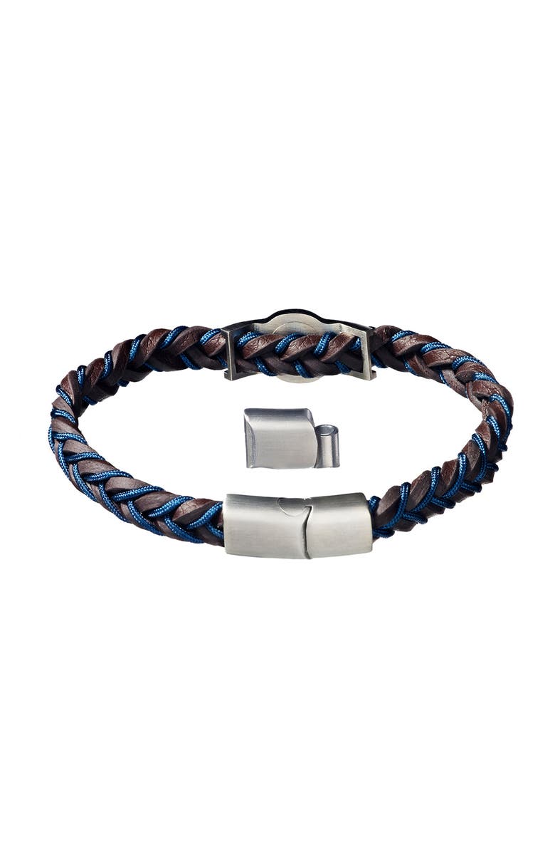 Link Up Braided Two-color Leather Bracelet with Stainless Steel Detail, Alternate, color, Black