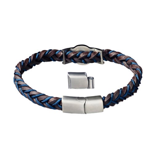 Link Up Braided Two-color Leather Bracelet With Stainless Steel Detail In Blue
