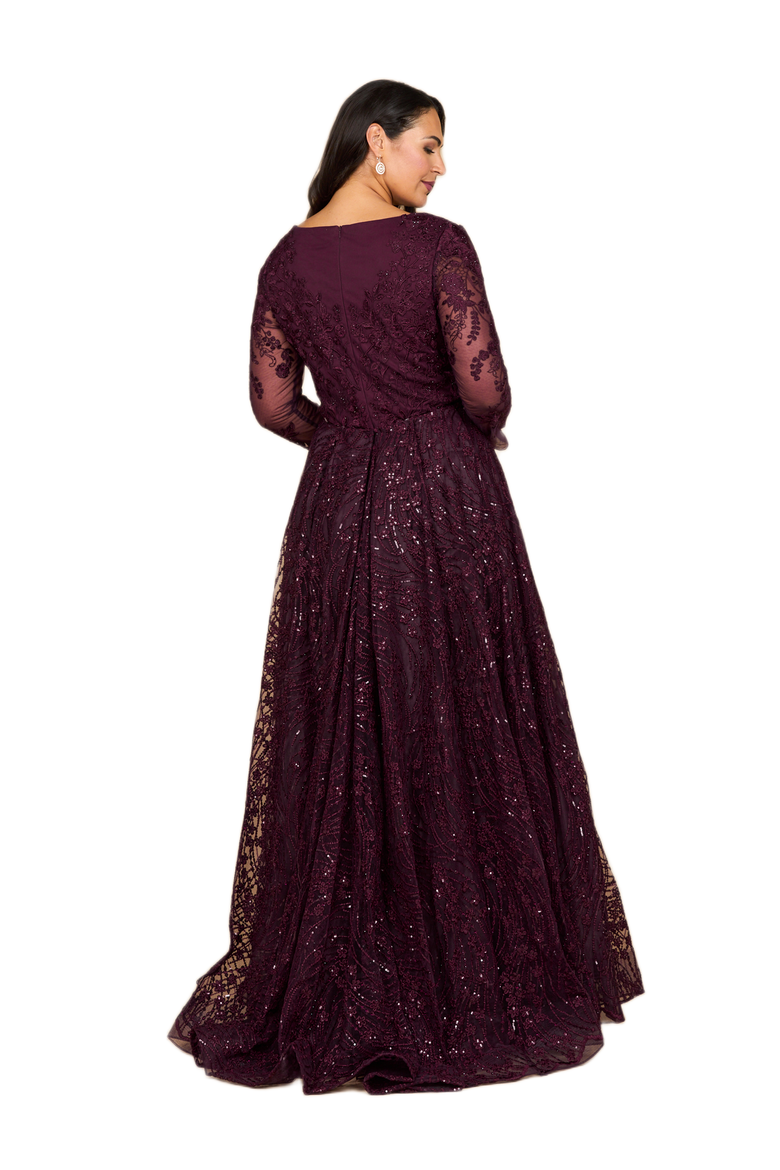 Long Sleeve Gown with Overskirt & Illusion Neckline, Alternate, color, Wine