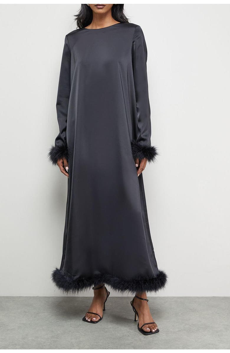 Warehouse Feather High Neck Swing Midi Dress, Alternate, color, Black