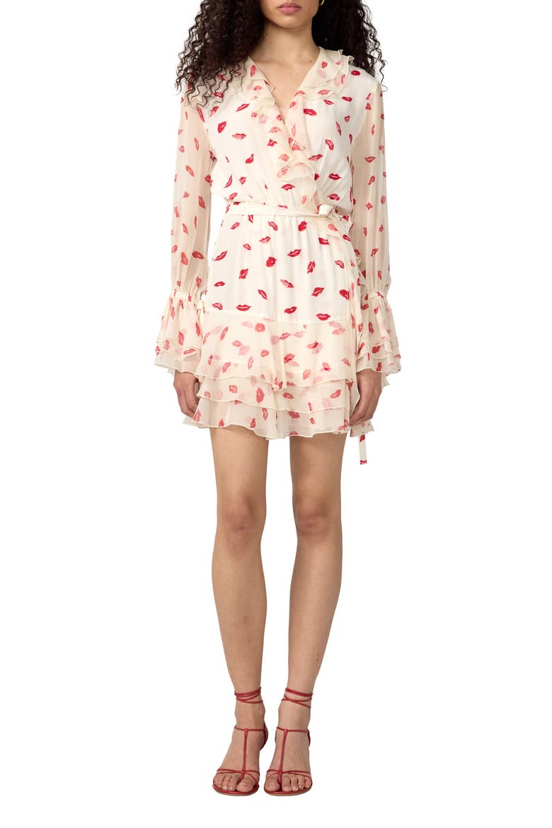 Marianne Lip Print Ruffle Trim Minidress, Main, color, BISOUS BISOUS CLOUD IVORY