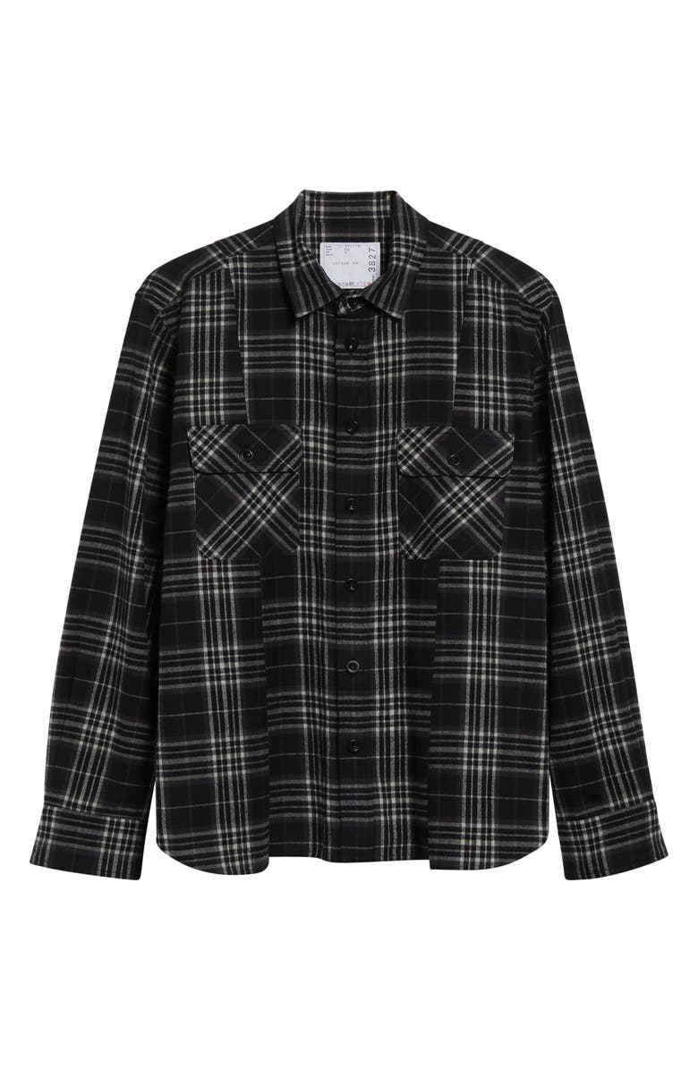 Sacai Plaid Cotton Flannel Button-Up Shirt, Alternate, color, Black