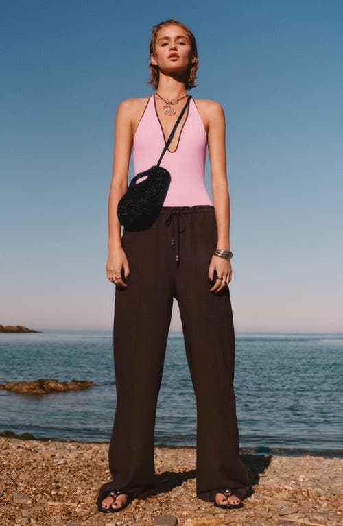 Mango Drawstring Waist Linen Blend Pants In Brown
