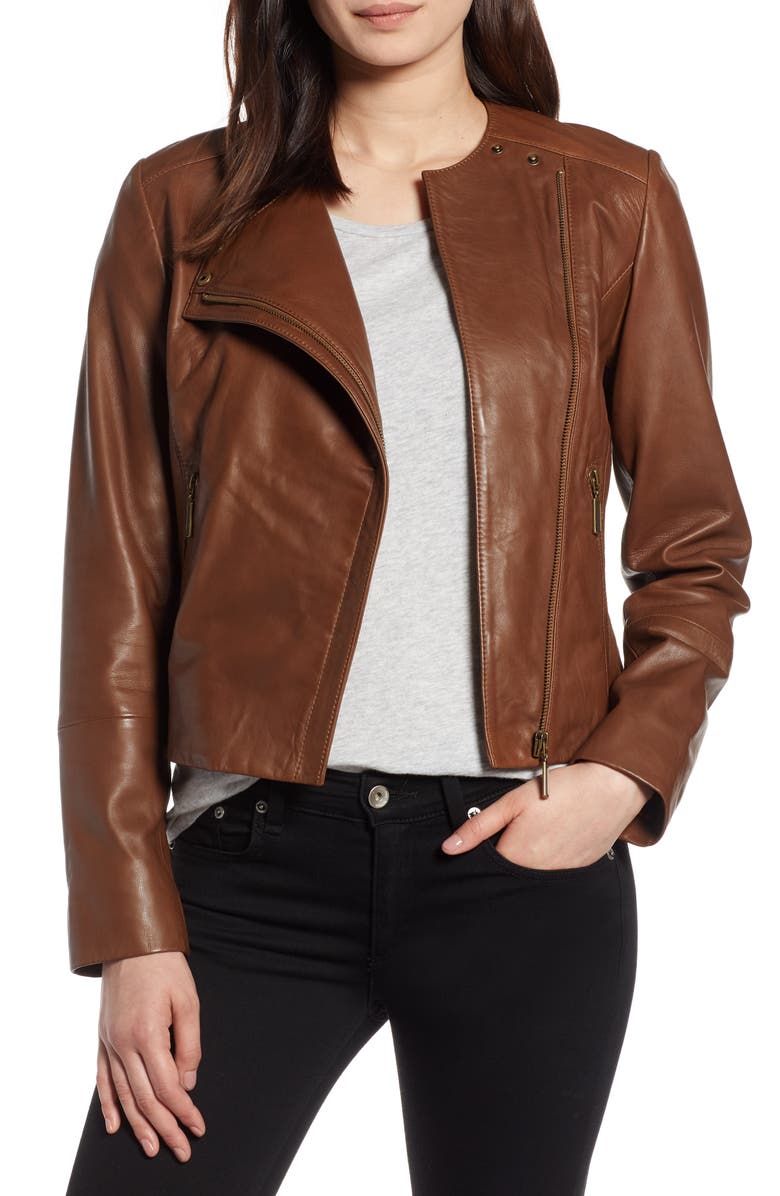 Halogen<sup>®</sup> Collarless Leather Jacket, Main, color, 