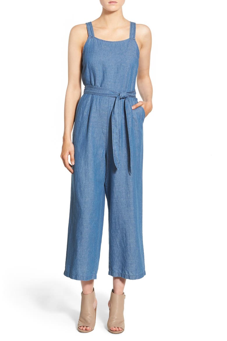 'Muralist' Crop Chambray Jumpsuit, Main, color, BRIGHT INDIGO