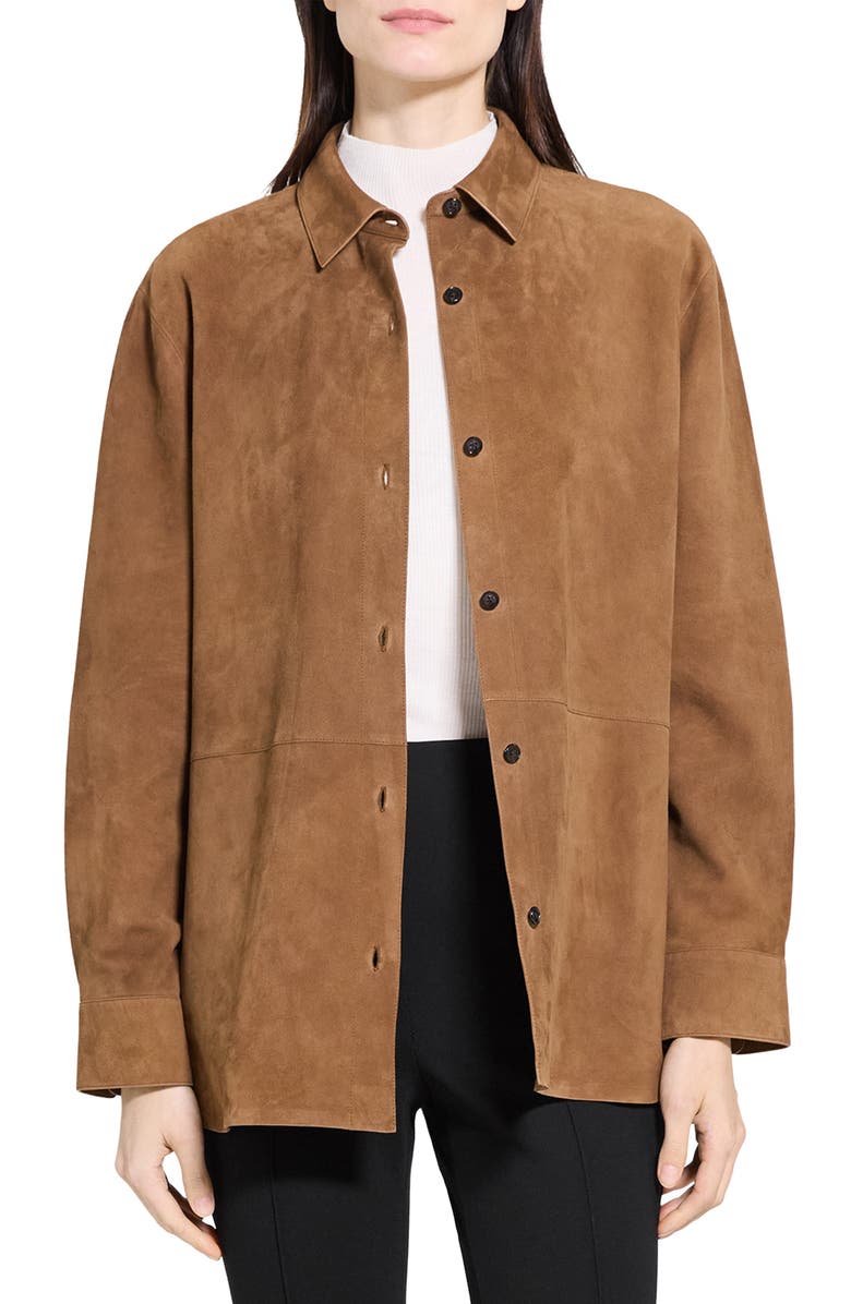 Theory Classic Boxy Fit Suede Shirt Jacket, Main, color, Deep Tobacco