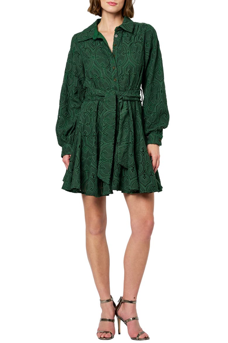 Serane Eyelet Embroidery Long Sleeve Minidress, Main, color, GREEN
